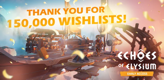 Promotional image for Echoes of Elysium celebrating 150,000 Steam wishlists. A stylized floating airship deck with characters and machinery is shown against a bright sky, with confetti falling. Large text reads “Thank you for 150,000 wishlists!” and the Echoes of Elysium logo appears with an Early Access label.
