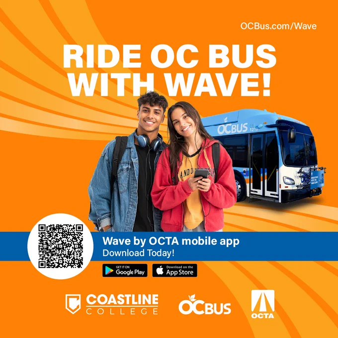 Advertisement for OC Bus featuring two smiling individuals, one holding a smartphone with the OCTA mobile app displayed, and an OC Bus in the background. Logos of Google Play Store, Apple App Store, and Coastline College are visible. A QR code for app download is also shown.