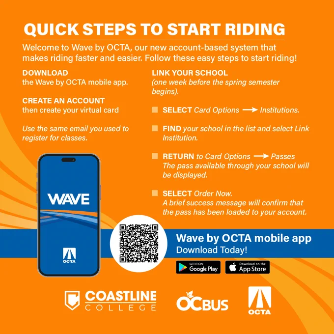 Promotional image for the Wave by OCTA, a new account-based system improving ticketing efficiency. Instructions on downloading the OCTA mobile app, linking school email for benefits, and details on card options and passes. Logos of Coastline College, Google Play, and App Store featured.