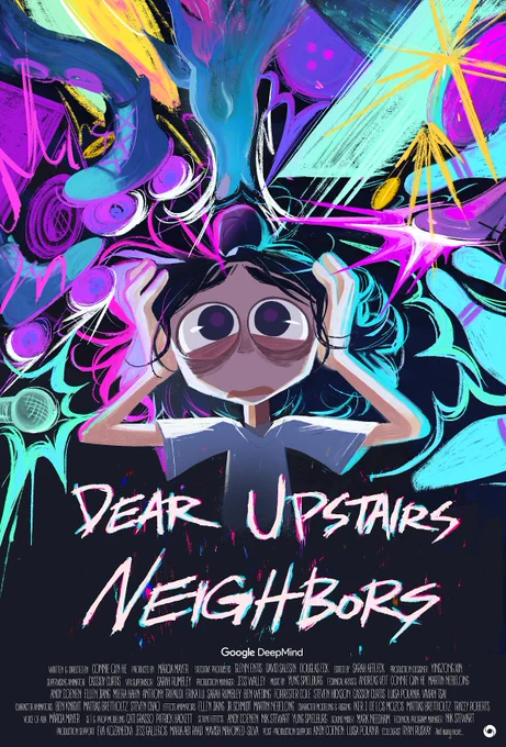 A movie poster for a film titled “Dear Upstairs Neighbors”, hand-painted in a vivid expressionist style, featuring an exasperated cartoon woman clutching her ears, surrounded by neon-colored images of noisy things like howling dogs, stomping shoes, and bowling pins.