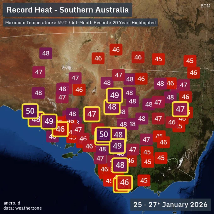 Observed maximum temperatures at BoM stations on 25, 26 and (partially) 27 January 2026.