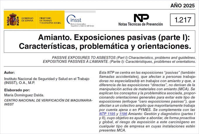 Portada de la NTP 1217 del INSST sobre "Amianto. Exposiciones pasivas (parte I), Características, problemática y orientaciones".