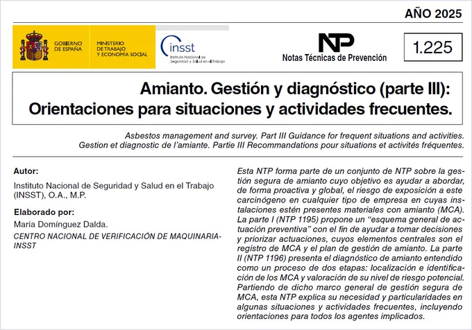 Portada de la NTP 1225 del INSST sobre "Amianto. Gestión y diagnóstico (parte III). Orientaciones para situaciones y actividades frecuentes).