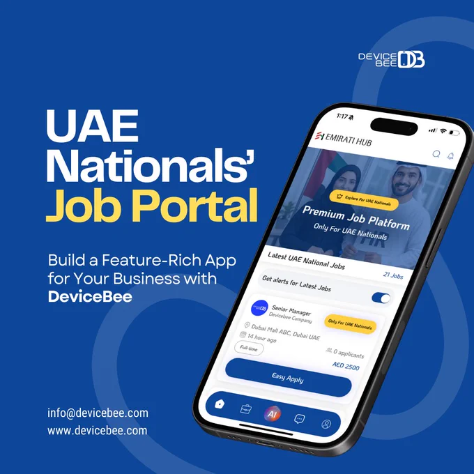 Looking to launch a powerful Job Hunting App or Job Portal App that connects the right talent with the right employers? At DeviceBee – Best App Development Company Dubai, we specialize in building feature-rich, scalable job platforms tailored for modern recruitment needs.
From AI-based job matching, real-time chat between recruiters and candidates, advanced search & filters, to secure profile management and admin dashboards—we design job portal apps that drive engagement and faster hiring. Whether it’s a niche hiring platform or a large-scale recruitment marketplace, our solutions are built for performance and growth.

Partner with DeviceBee app development Dubai to transform your recruitment idea into a market-ready digital product that stands out in today’s competitive job market.

📩 Let’s build the future of hiring—smarter, faster, and better.
📧 Email: info@devicebee.com 
🌐 Visit: www.devicebee.com