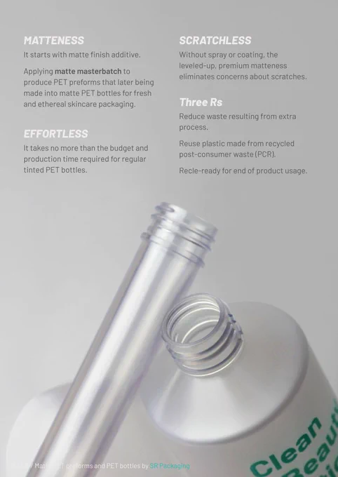 Matte PET preforms and PET bottles for skincare packaging