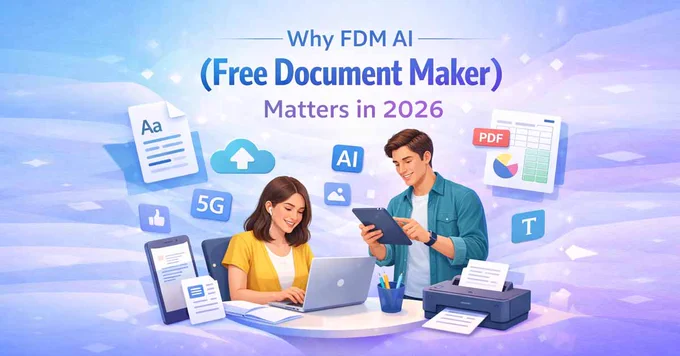 Illustration showing Free Document Maker (FDM AI) as an AI-powered, browser-based platform for creating documents, PDFs, and files without login or watermark.
