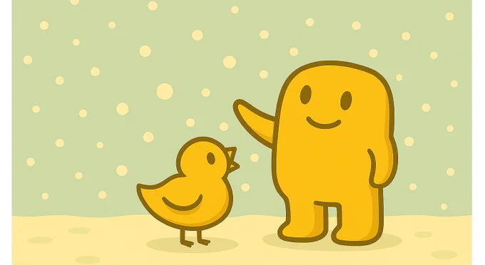 Illustration of Main-kun, a friendly yellow square character, walking beside a small chick character in a soft glowing scene. A gentle storybook-style visual from the Java Picture Book series, connected to programming learning, coding education, and STEM education for children and beginners.