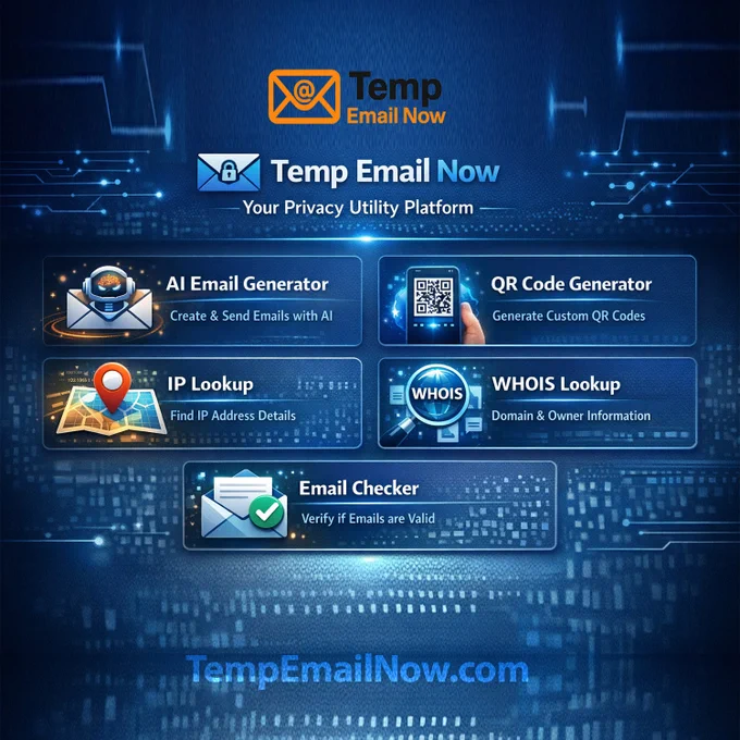 Temp Email Now privacy utility platform showing disposable email tools, AI email generator, QR code generator, IP lookup, WHOIS lookup, and email checker.