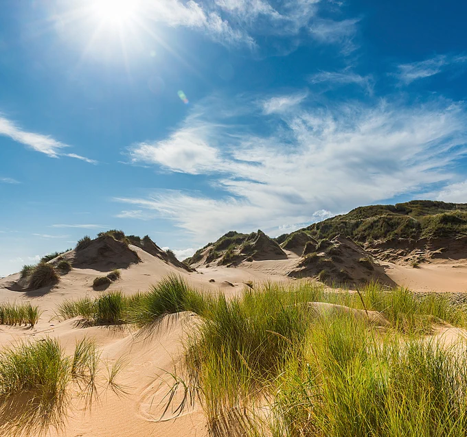 sunny day image of sand dunes at Rattray Head on the buchan coast north of peterhead