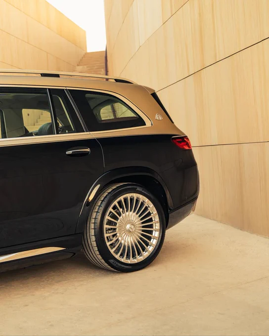 A close-up view of a luxury SUV parked in a narrow, modern corridor with smooth wooden walls. The vehicle, primarily black with a silver top, features shiny chrome wheels. The surrounding area is minimalistic and well-lit.
