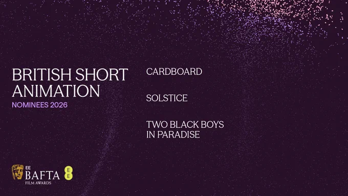 A purple graphic with particle detailing with the category ‘British Short Animation’ listed on the left and the nominees listed on the right: Cardboard, Solstice, Two Black Boys in Paradise