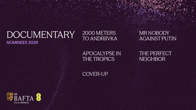 A purple graphic with particle detailing with the category ‘Documentary’ listed on the left and the nominees listed on the right: 2000 Meters To Andriivka, Apocalypse In The Tropics, Cover-Up, Mr Nobody Against Putin, The Perfect Neighbor