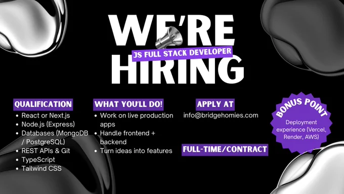This is not a lottery ticket.
It is a chance to build real things.

We are hiring a JavaScript Full Stack Developer who cares about clean code, strong fundamentals, and owning what they ship.

Work on live production apps.
Turn ideas into shipped features.

Full time or contract.
Real products. Real impact.

Apply or tag someone who fits.
📩 [info@bridgehomies.com]

#Hiring #JavaScriptDeveloper #FullStackDeveloper #TechJobs #WebDevelopment #React #NextJS #NodeJS
