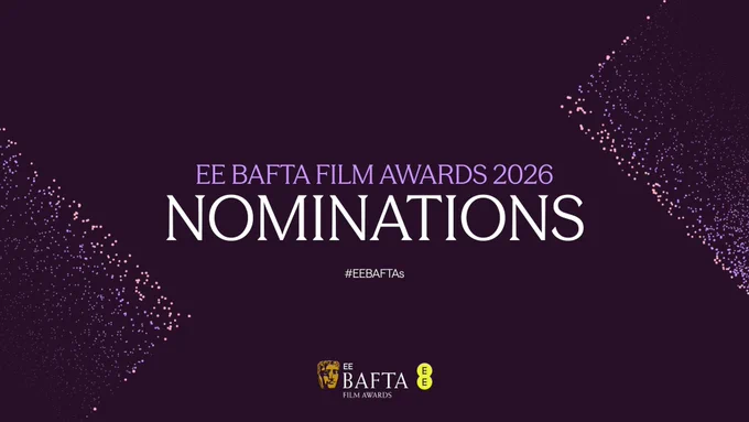 A purple graphic with particle detailing that reads ‘EE BAFTA Film Awards 2026 Nominations’, the #EEBAFTAs hashtag and the EE BAFTA Film Awards logo