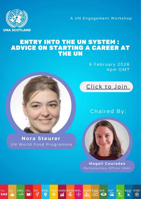UNHS is inviting you to a Zoom Fireside Chat on 'Entry into the UN System : Advice on Starting a Career at the UN,' with as guest speaker Nora Steurer, Environmental Specialist in Greenhouse Gas Emissions at the UN World Food Programme. 
The event is scheduled on Friday, the 6th of February at 4 pm GMT. 
Connect to this zoom link to attend: https://us06web.zoom.us/j/86892194868?pwd=v5b5nP8jDbIDuQNuaiUd4nq7NKNGaN.1#success.  

Please note that Nora will speak in her personal capacity, and her views do not represent those of the WFP or the United Nations.
