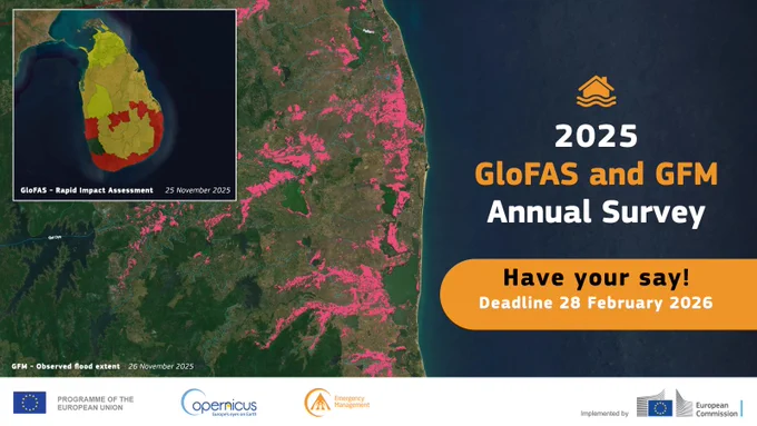 Please share your views and fill the CEMS GloFAS and GFM Annual Survey.  Your feedback regarding your experience allows us to improve our existing products and service, and to prioritise new features. You can participate in the survey by 28 February 2026.