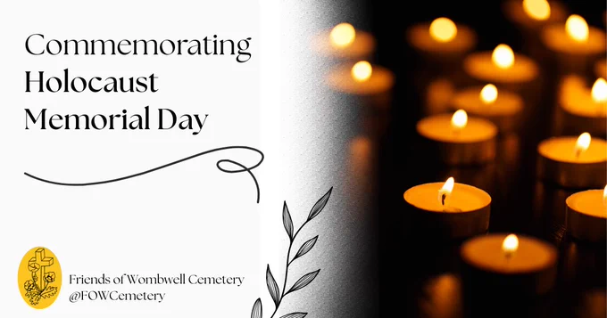 A graphic with text to the left reading "Commemorating Holocaust Memorial Day", and a stock image of candles to the right. 