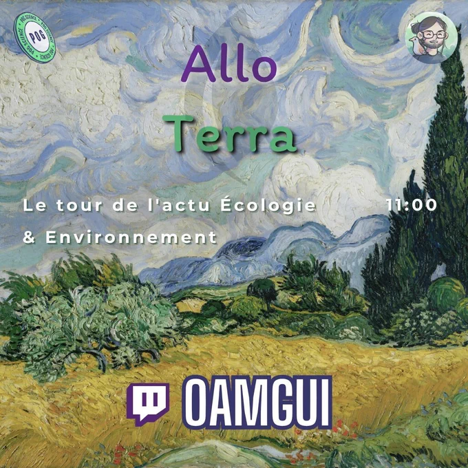Champ de blé doré, cyprès vert sombre, ciel bleu tourmenté façon Van Gogh, logo Twitch et texte promotionnel, ambiance écologique et informative.
