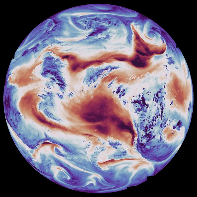 Global air humidity by MTG-Sounder.
Blue colours correspond to regions in the atmosphere with higher humidity, while red colours correspond to lower humidity in the atmosphere.