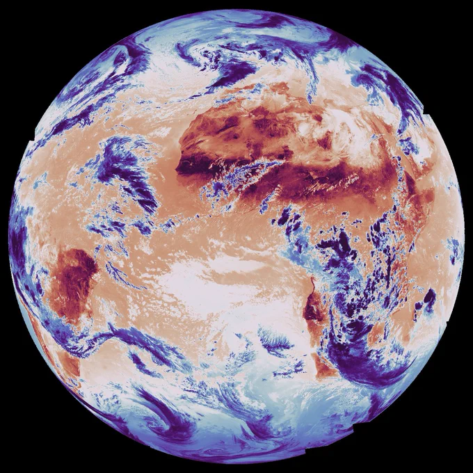 Global surface and cloud-top temperatures by MTG-Sounder. In this image, the dark red corresponds to high temperatures, mainly on the warmer land surfaces, while blue corresponds to lower temperatures, typically on the top of clouds.