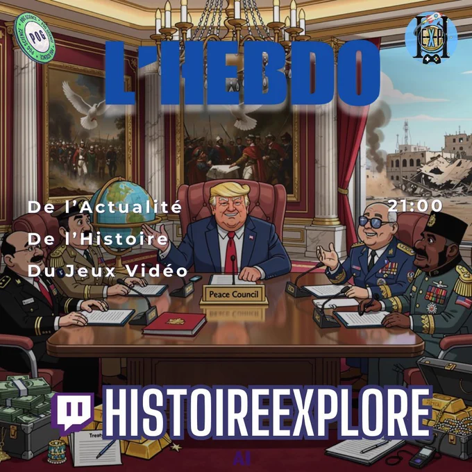 Une caricature politique montre Trump et des généraux autour d'une table de paix, avec des liasses d'argent, sur fond de ville en ruine, tons chauds et ambiance satirique.

