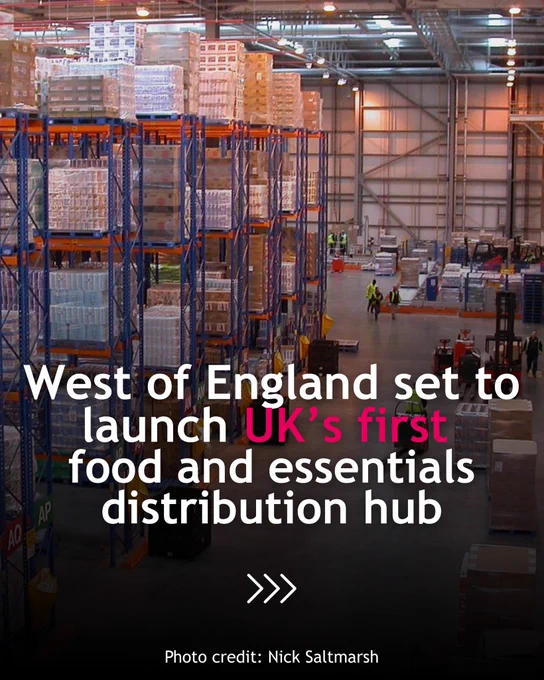 Image of a warehouse with high shelves with boxes and people working. Text on top reads 'West of England set to launch UK's first food and essencials distribution hub'