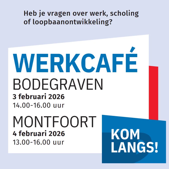 Heb je vragen over werk, scholing of loopbaanontwikkeling? Werkcafé Bodegraven: 3 februari, 14.00-16.00 uur. Werkcafé Montfoort: 4 februari, 13.00-16.00 uur. Kom langs! 