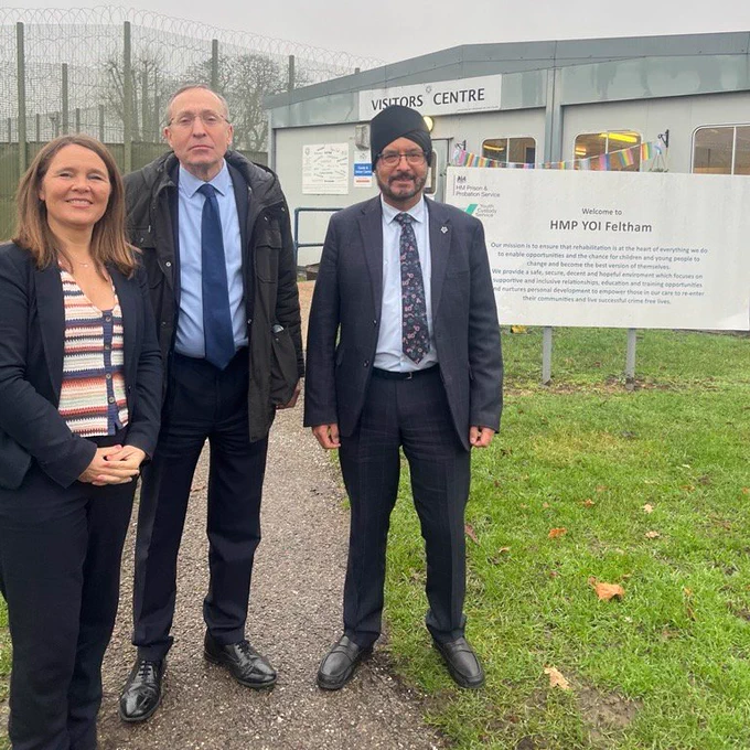 Image of Vikki Slade MP, Andy Slaughter MP and Chair of the Justice Committee and Warinder Juss MP standing outside HMP YOI Feltham.