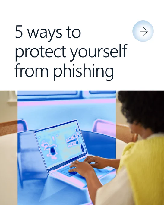 \u201CBanner titled \u20185 ways to protect yourself from phishing.\u2019 Below, a person sits at a round table using a laptop, shown with a stylized blue filter.\u201D