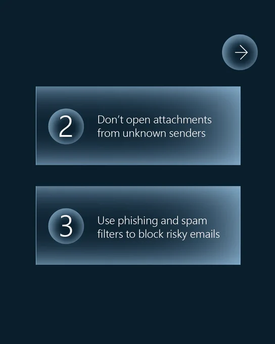 \u201CTwo phishing\u2011prevention tips on a dark blue background: \u20182 \u2013 Don\u2019t open attachments from unknown senders\u2019 and \u20183 \u2013 Use phishing and spam filters to block risky emails.\u2019 An arrow icon appears on the upper right.\u201D