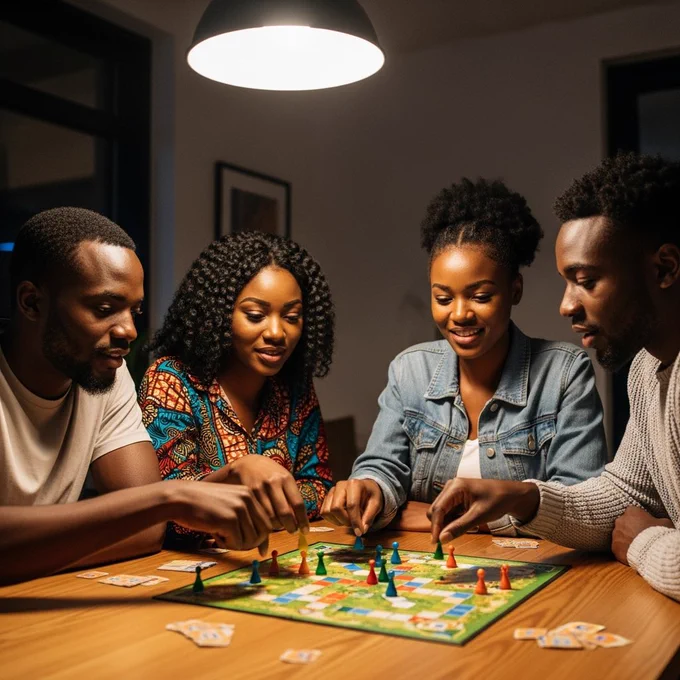 Four African friends playing a board game at a table, hands reaching for game pieces, friendly tension on faces, mixed casual outfits, warm overhead lighting, camera shot from above at a slight angle.