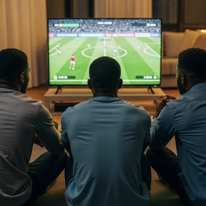 Three African friends playing a football video game, sitting on the floor facing a TV, focused expressions, home wear outfits, low ambient lighting, camera positioned behind them showing body posture and screen glow.