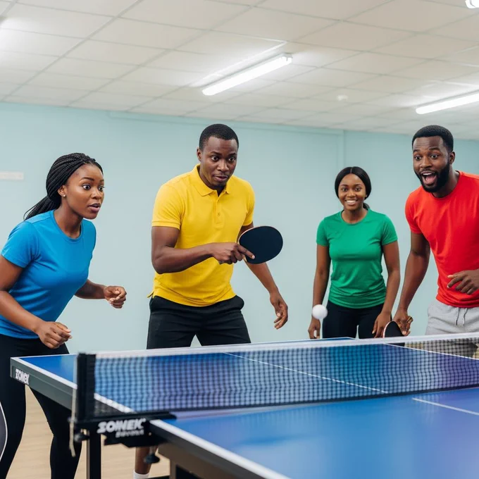 African friends playing table tennis indoors, one serving while others react, sporty casual outfits, bright overhead lighting, camera frozen mid action, sharp focus on movement.