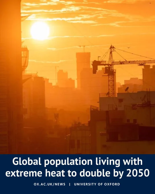 A city skyline silhouetted against an intense orange sky, with the sun blazing through heat haze and construction cranes visible. The image includes text reading: “Global population living with extreme heat to double by 2050 – University of Oxford.”
