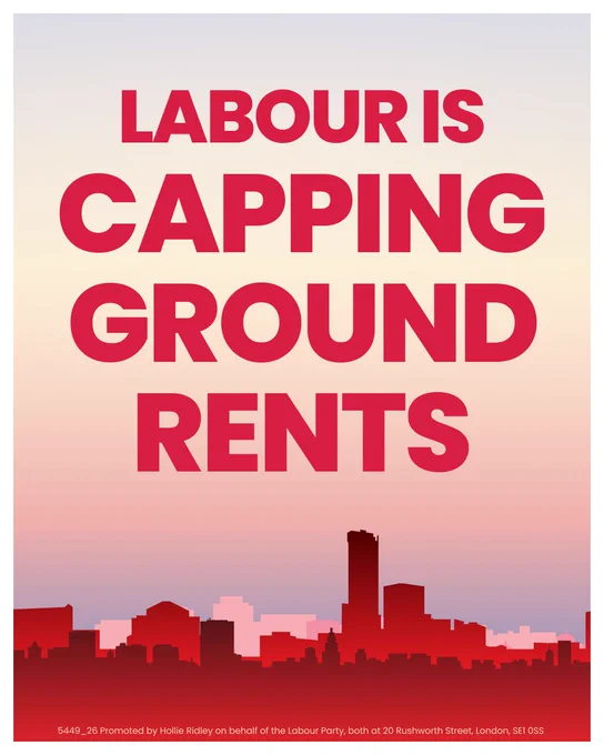 Red city skyline and sunset sky. Text reads "Labour is capping ground rents."
