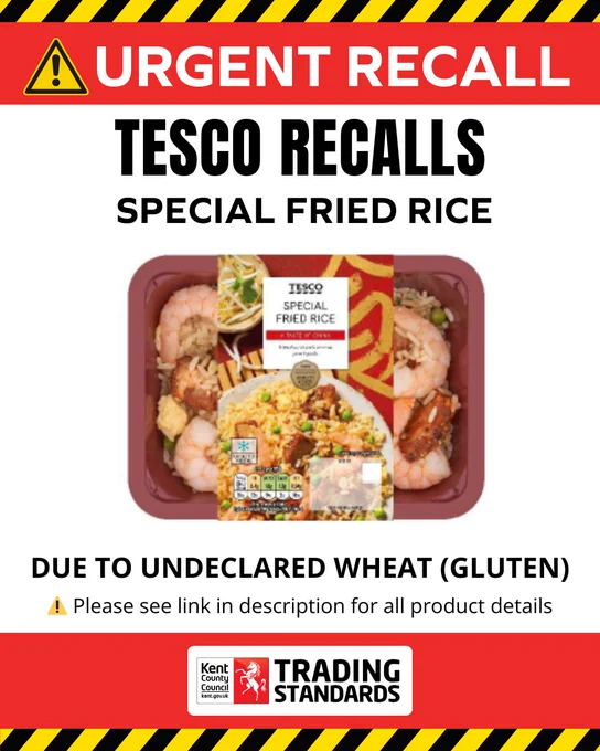 “Recall alert for Tesco Special Fried Rice due to undeclared wheat, with a photo of the product and the Trading Standards logo.”
