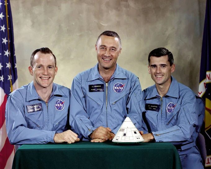 Portrait of the Apollo 1 prime crew for first Apollo space flight. From left to right are: Edward H. White II, Virgil I. "Gus" Grissom, and Roger B. Chaffee. Their assignment to this crew was announced on March 21, 1965. Credit: NASA