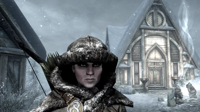 Pictured is a Nord from the Elder Scrolls V: Skyrim, wrapped in Skaal furs, standing outside in a blizzard.
