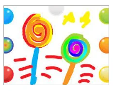 Colorful illustration featuring two swirl lollipops, one red-yellow, the other rainbow, surrounded by multicolored  orbs on a white background.