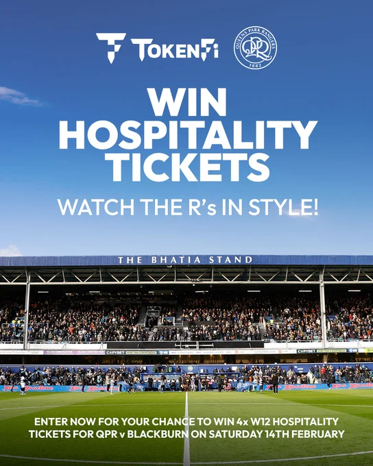 Win hospitality tickets with TokenFi. Watch the R's in style.

Enter now for your chance to win 4x W12 hospitality tickets for QPR v Blackburn on Saturday 14th February. 