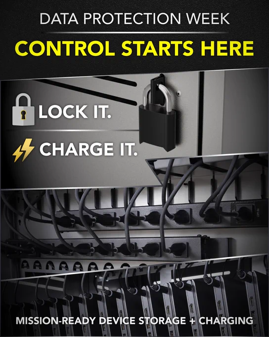 Data Protection Week graphic showing lockable device storage with organized charging cables and tablets.