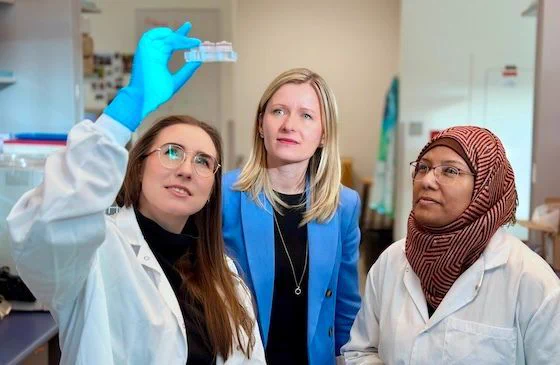 Dr. Sarah Hedtrich (centre) and her team examine a skin-on-a-chip model used to test the new CRISPR-based therapy on living human skin samples.