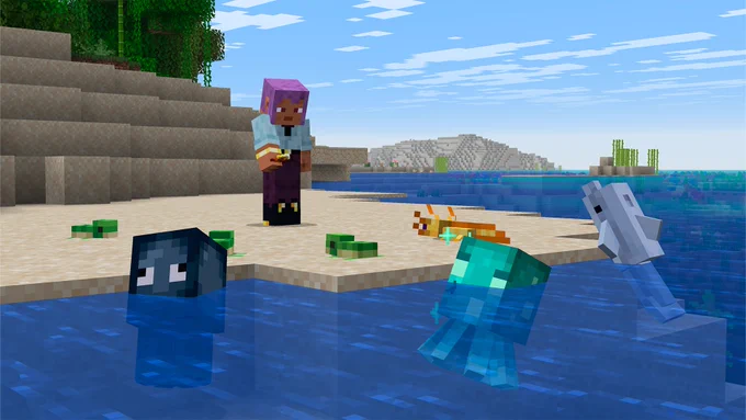 Image of a player on a beach holding the new golden dandelion. Approaching them are the new baby mobs in testing like the axolotl, glow squid, squid, turtles, and dolphin.