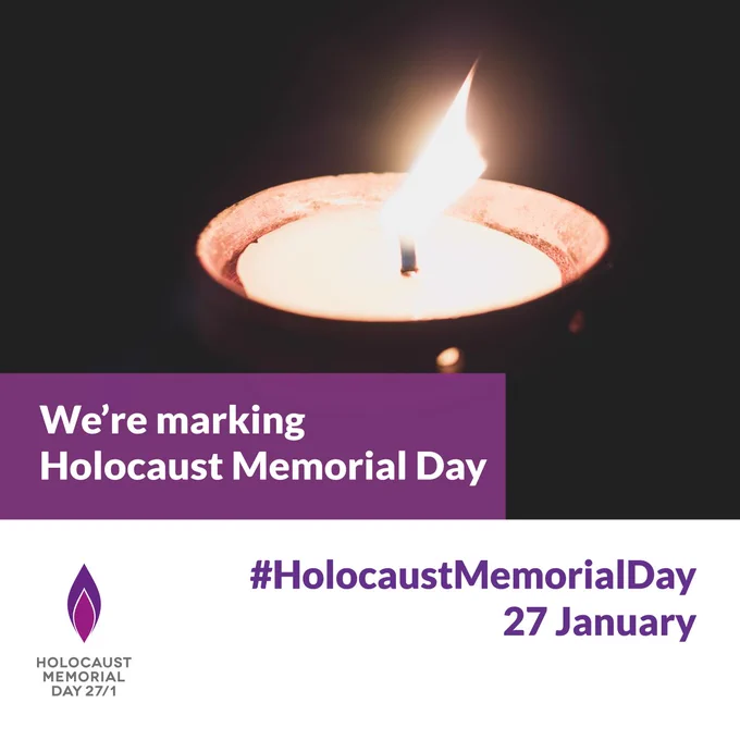 A lit candle burns against a dark background, symbolising remembrance. Overlaid text in a purple banner reads “We’re marking Holocaust Memorial Day.” Below, on a white background, purple text reads “#HolocaustMemorialDay 27 January,” alongside the Holocaust Memorial Day purple candle flame logo.