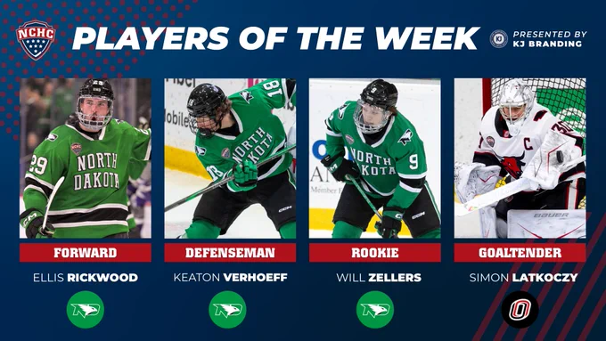 NCHC Players of the Week presented by KJ Branding for the week of Jan. 19-25, 2026 with pictures of winners:
Forward – Ellis Rickwood, North Dakota
Defenseman – Keaton Verhoeff, North Dakota
Rookie – Will Zellers, North Dakota
Goaltender – Simon Latkoczy, Omaha