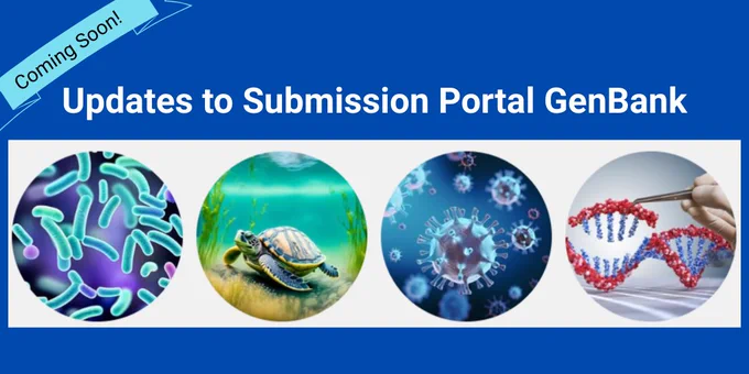 Four circles with pictures of different types of organisms inside. Text says: Coming soon! Updates to Submission Portal GenBank