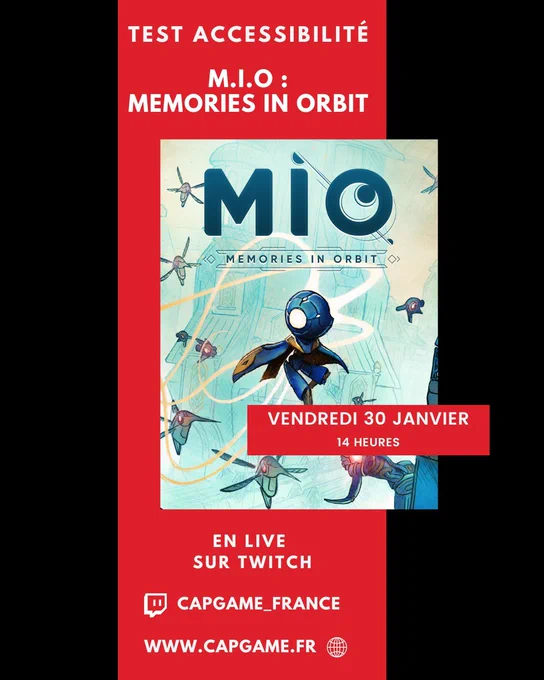 Affiche du test accessibilité de MIO vendredi 30 janvier à 14 sur le Twitch Capgame_France