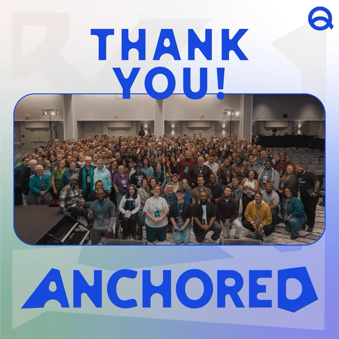 2 Graphics with an blue and green gradient background. The first has a photo of everyone at conference with the Conference logo below it. The second slide has blue text in the center that says that QCF staff will be out of office for the next week, but we will still have Conference content going up.