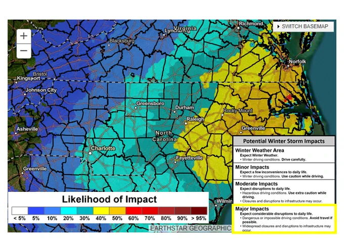 The likelihood of major impacts (expect considerable disruptions to daily life) Saturday and Saturday night is 10-50% for the entire forecast area, highest in the east.