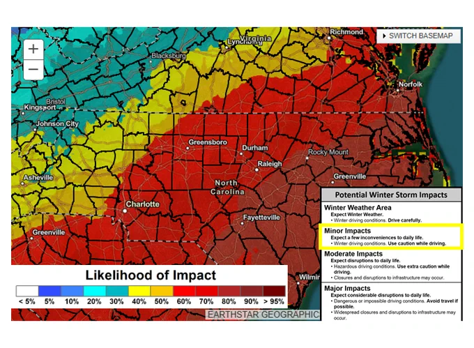 The likelihood of minor impacts (expect a few inconveniences to daily life) Saturday and Saturday night is 60-90% for the entire forecast area, highest in the east.